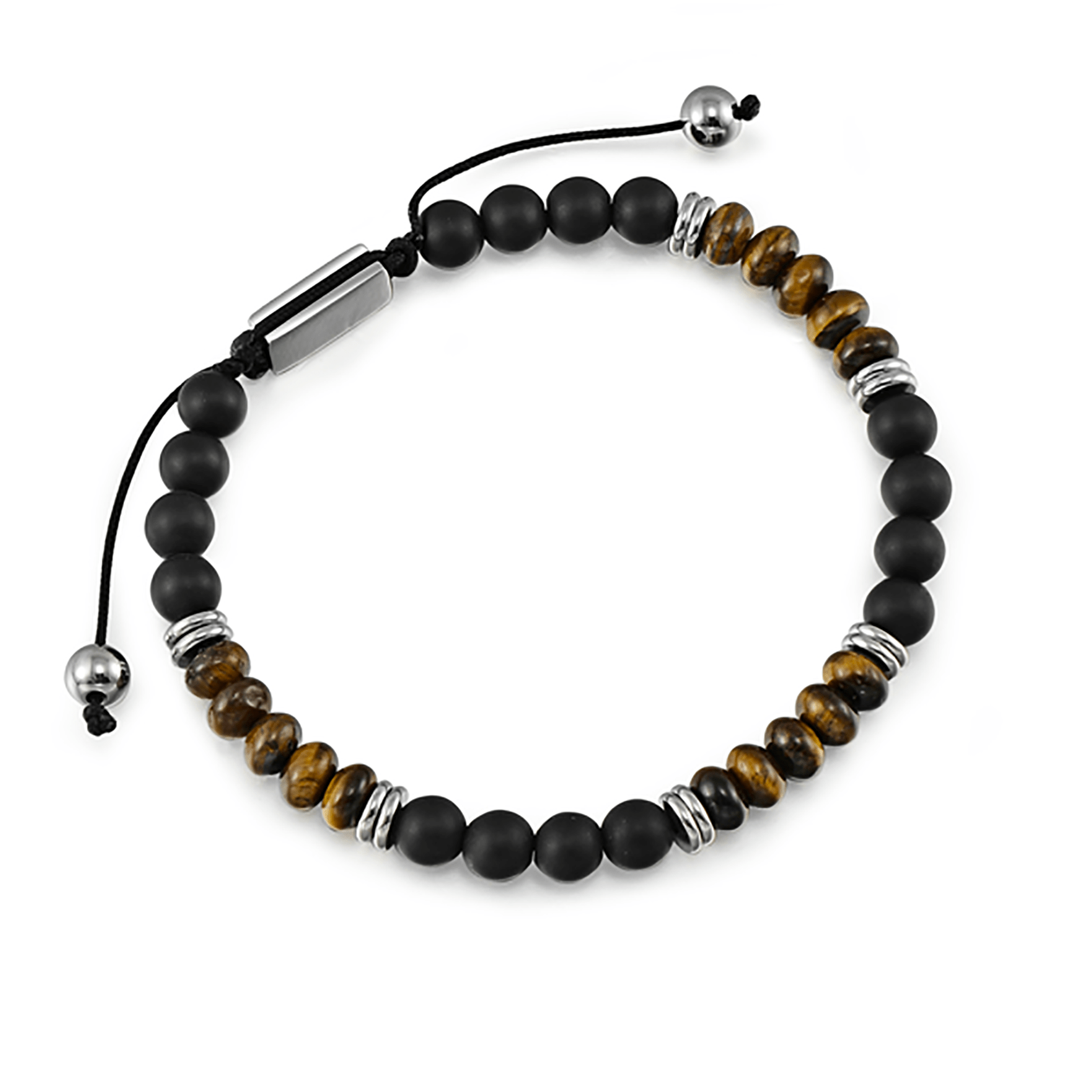 Bracelet perles en acier inoxydable plaqué Argent assemblé d'agate mate et oeil de tigre jaune - Maison Di Giorgio