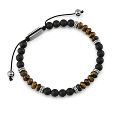 Bracelet perles en acier inoxydable plaqué Argent assemblé d'agate mate et oeil de tigre jaune - Maison Di Giorgio