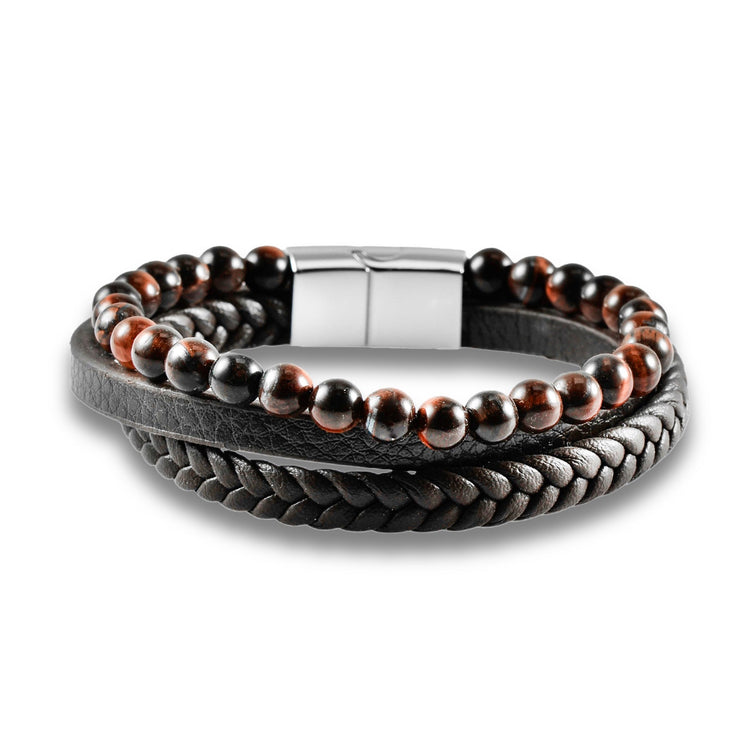 Bracelet cuir véritable et acier inoxydable assemblé de perles naturelles - Maison Di Giorgio