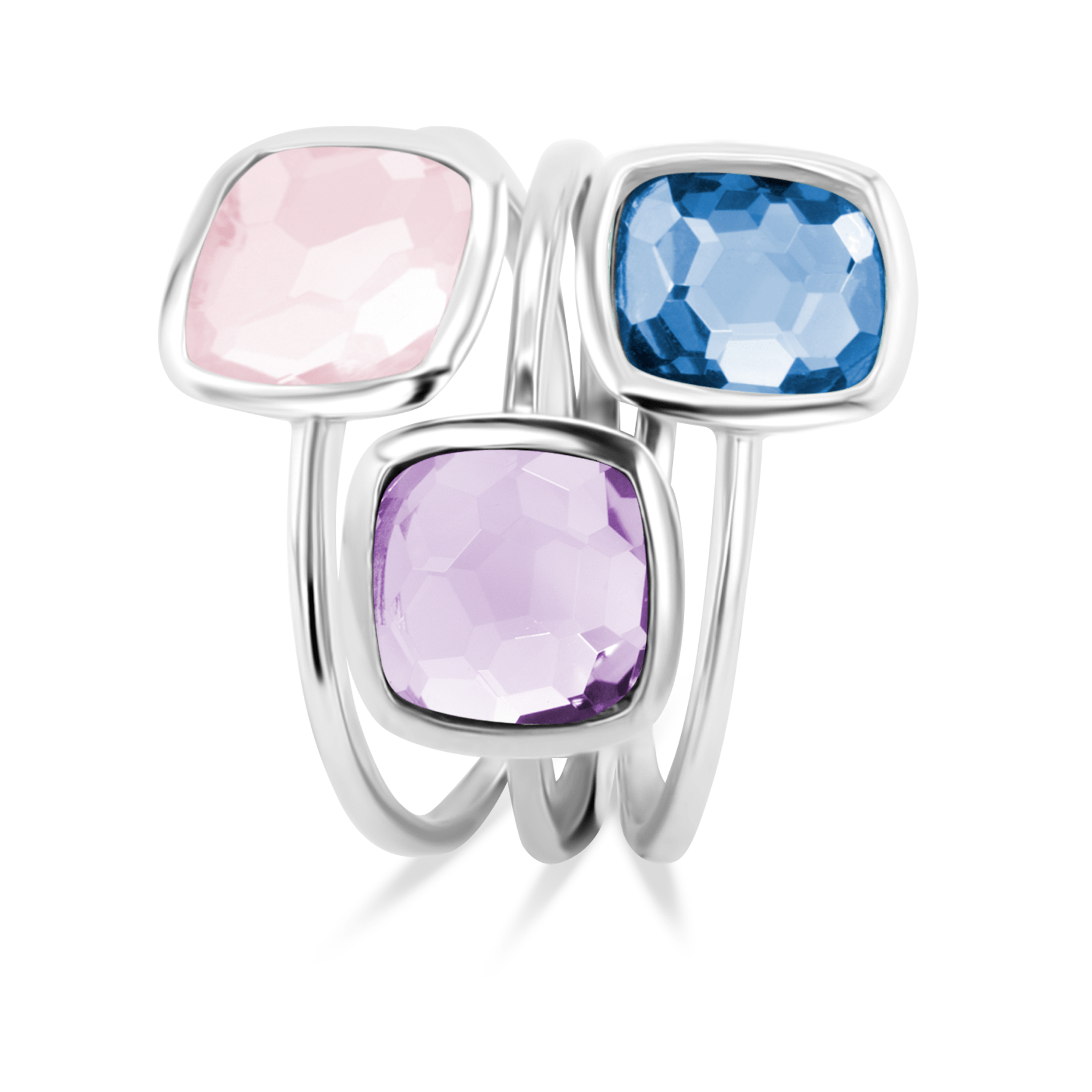 Composition de bagues en Argent 925 plaqué Rhodium et assemblées d'Améthyste, Quartz tanzanite et Quartz rose - Maison Di Giorgio