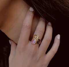 Composition de bagues en Argent 925 doré Or jaune 18k et Or rose 18k assemblées de Citrine, Quartz fumé et Quartz rose - Maison Di Giorgio