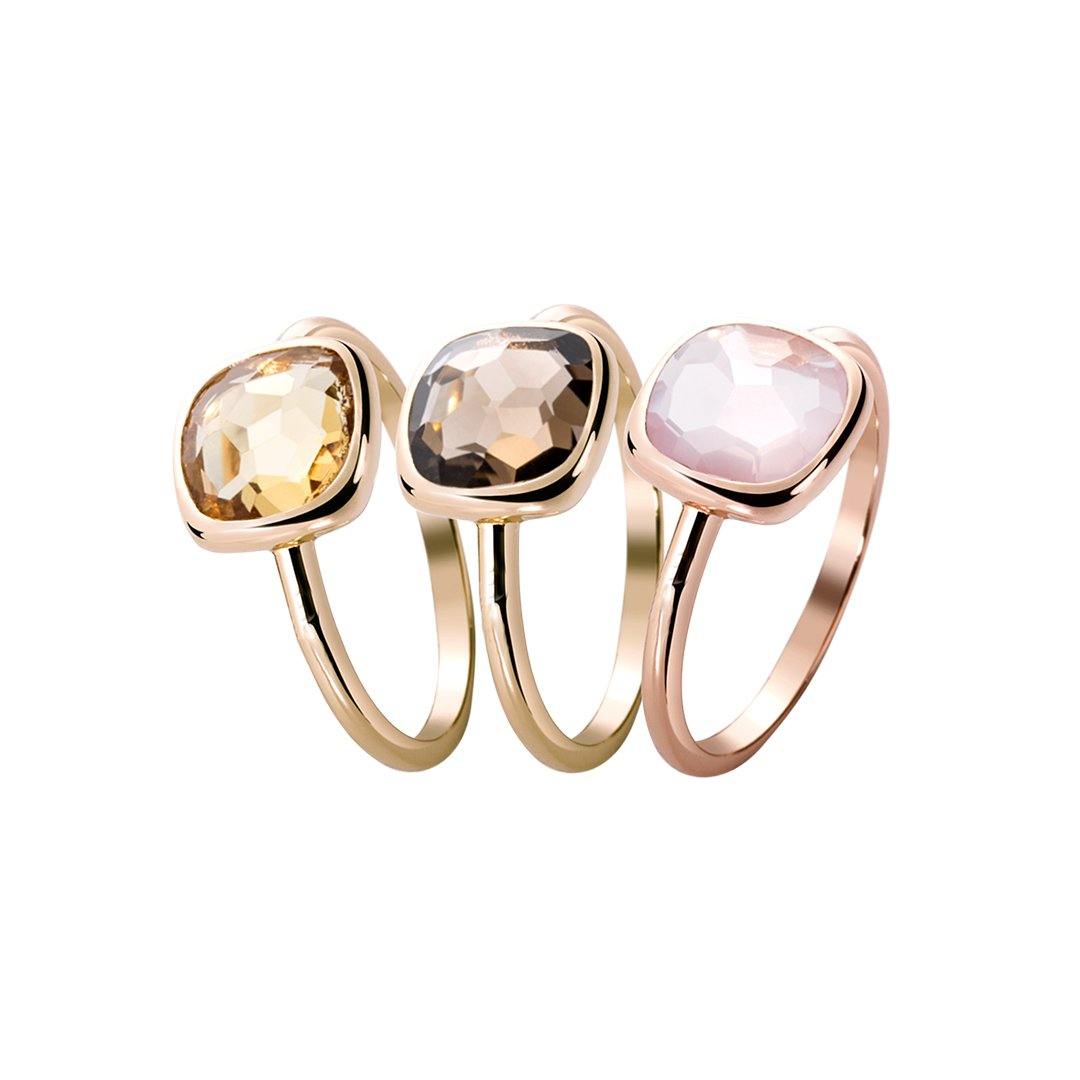 Composition de bagues en Argent 925 doré Or jaune 18k et Or rose 18k assemblées de Citrine, Quartz fumé et Quartz rose - Maison Di Giorgio