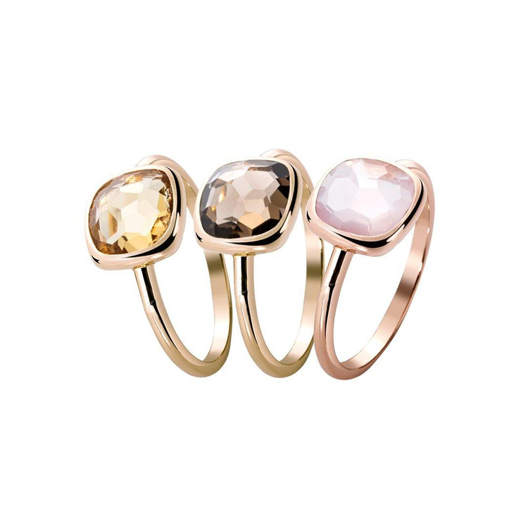Composition de bagues en Argent 925 doré Or jaune 18k et Or rose 18k assemblées de Citrine, Quartz fumé et Quartz rose - Maison Di Giorgio