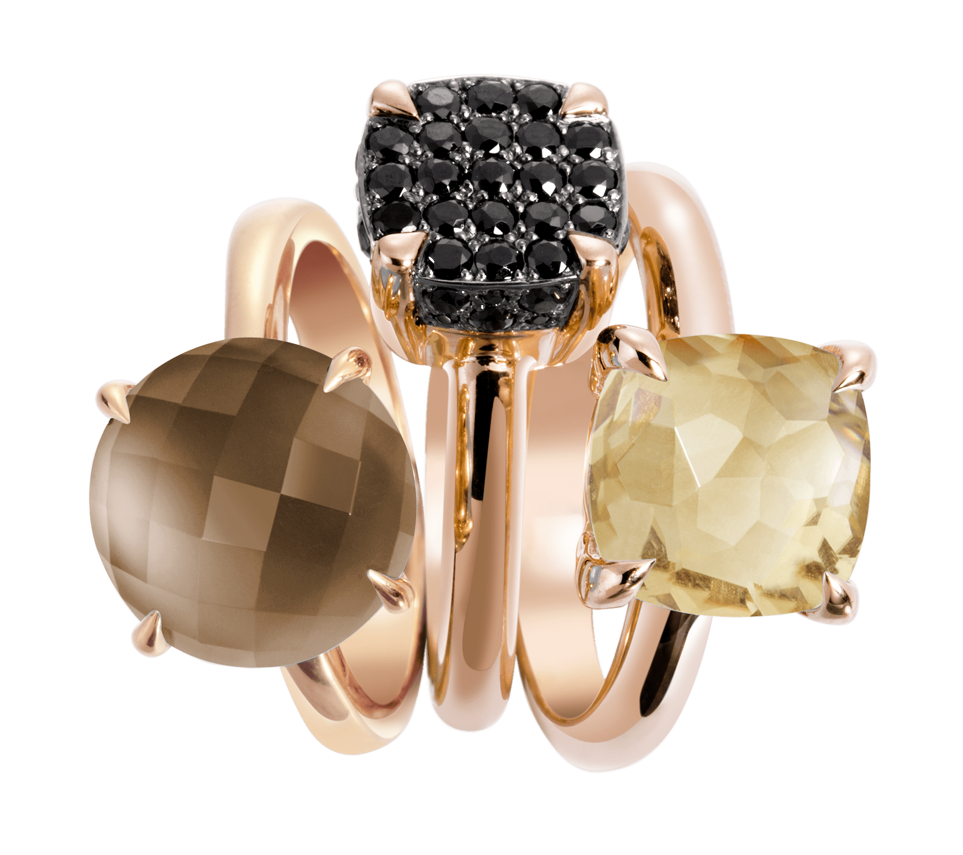 Composition de bagues en Argent 925 doré Or rose 18k assemblées de Quartz fumé, Quartz citron et Oxyde de zirconium noir - Maison Di Giorgio