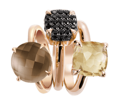 Composition de bagues en Argent 925 doré Or rose 18k assemblées de Quartz fumé, Quartz citron et Oxyde de zirconium noir - Maison Di Giorgio