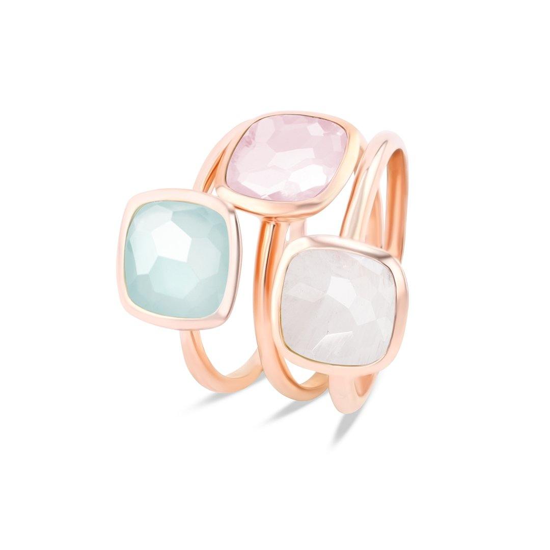 Composition de bagues en Argent 925 doré Or rose 18k assemblées de Calcédoine, Quartz rose et Pierre de lune - Maison Di Giorgio