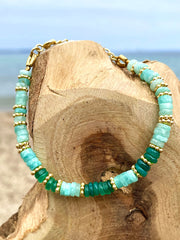 Bracelet perles doré Or jaune 18k assemblé d'onyx vert et amazonite - Maison Di Giorgio