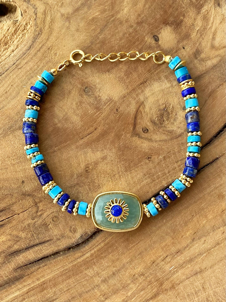 Bracelet perles doré Or jaune 18k, Lapis-lazuli et Amazonite - Maison Di Giorgio