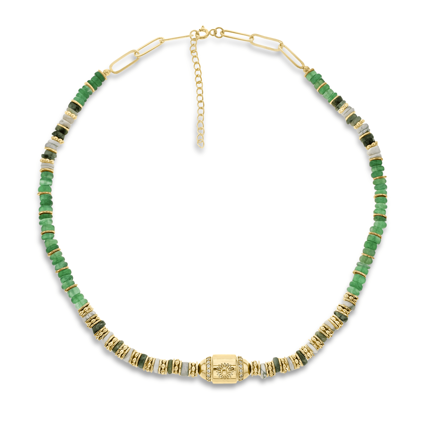 Collier perles doré Or jaune 18k assemblé d'onyx vert, jade verte et howlite blanche - Maison Di Giorgio