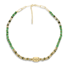 Collier perles doré Or jaune 18k assemblé d'onyx vert, jade verte et howlite blanche - Maison Di Giorgio