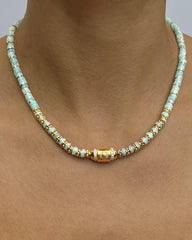 Collier perles doré Or jaune 18k assemblé d'amazonite et d'Oxyde de zirconium - Maison Di Giorgio