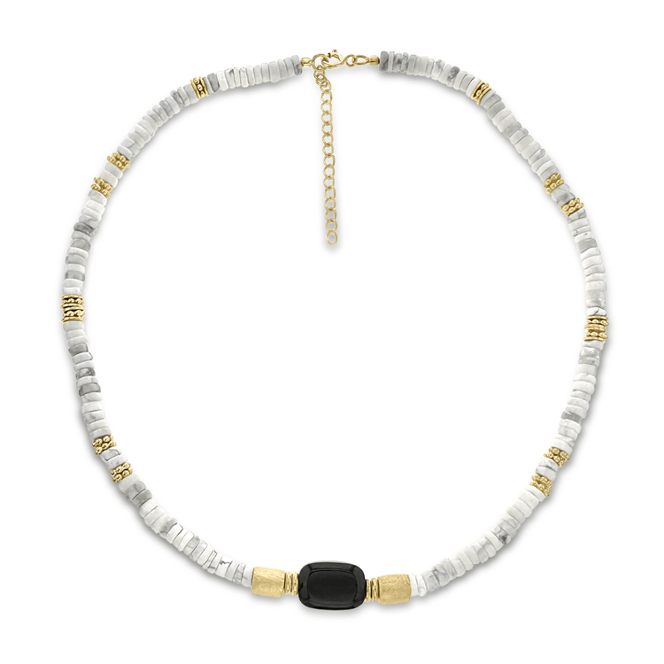 Collier perles doré Or jaune 18k, Howlite, Onyx noir - Maison Di Giorgio
