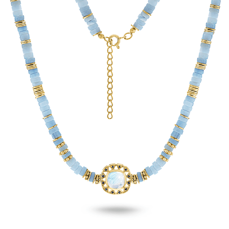 Collier perles doré Or jaune 18k, Pierre de lune, Spinelle et Opale - Maison Di Giorgio