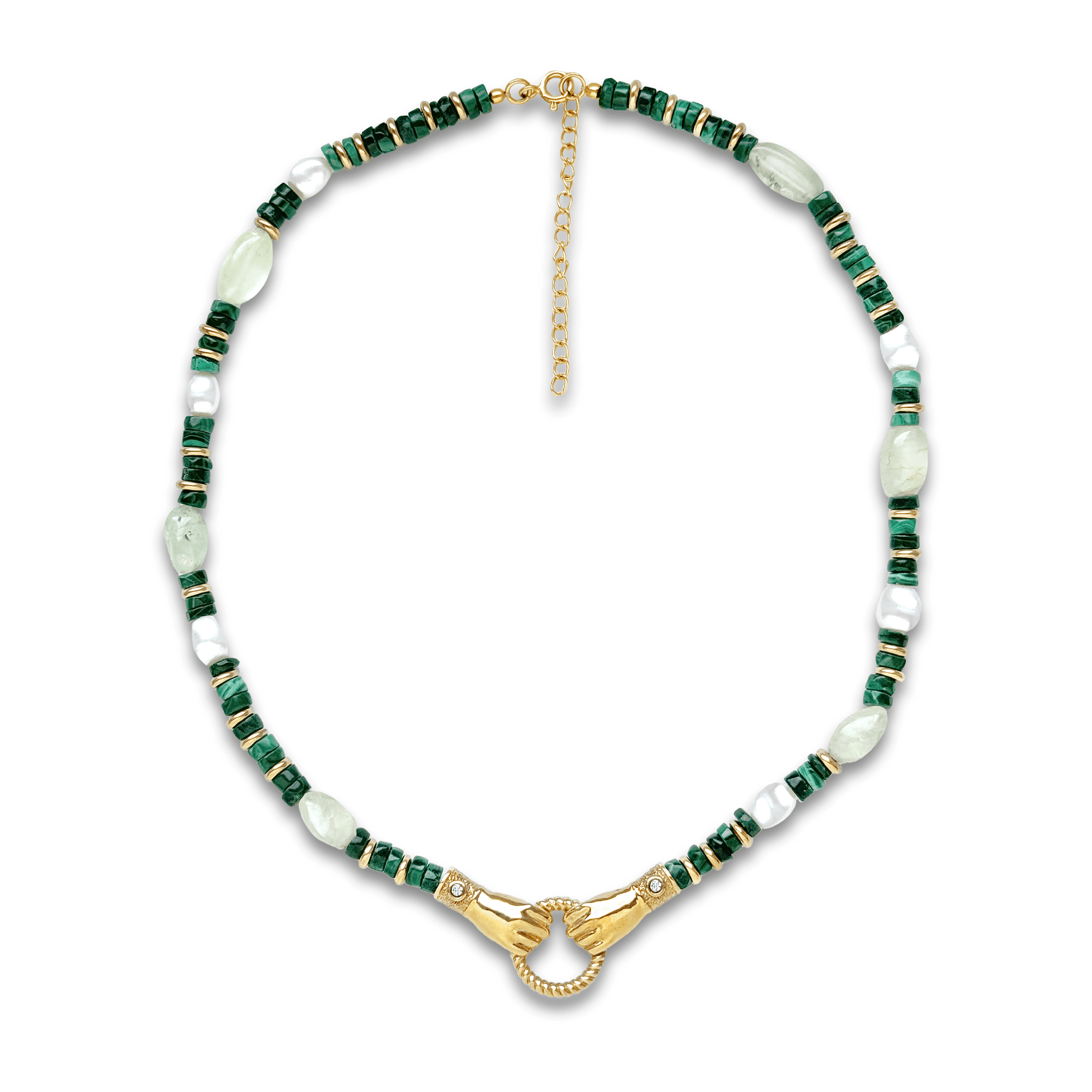 Collier perles doré Or jaune 18k assemblé de malachite, perle et pierre semi - précieuse verte - Maison Di Giorgio