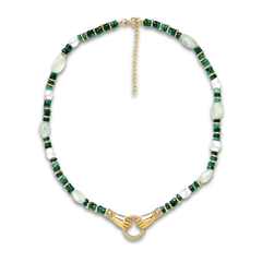 Collier perles doré Or jaune 18k assemblé de malachite, perle et pierre semi - précieuse verte - Maison Di Giorgio