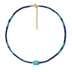 Collier perles doré Or jaune 18k assemblé de Lapis - lazuli et de Turquoise - Maison Di Giorgio