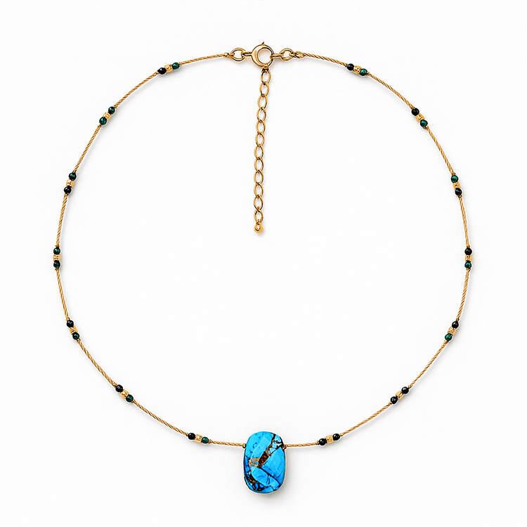 Collier perles et chaîne dorée Or jaune 18k assemblé de Turquoise et de Malachite - Maison Di Giorgio