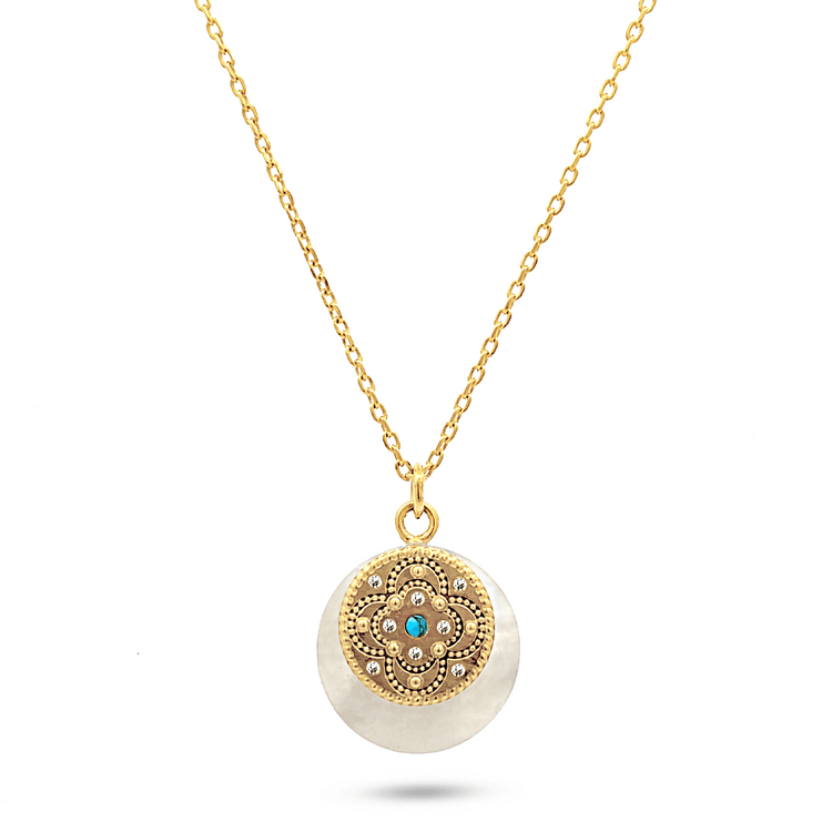 Collier doré Or jaune 18k assemblé Nacre, Turquoise et d'Oxyde de zirconium - Maison Di Giorgio