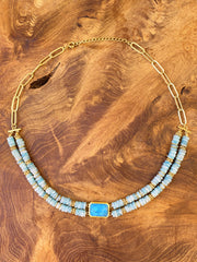 Collier perles doré Or jaune 18k assemblé d'amazonite et turquoise - Maison Di Giorgio