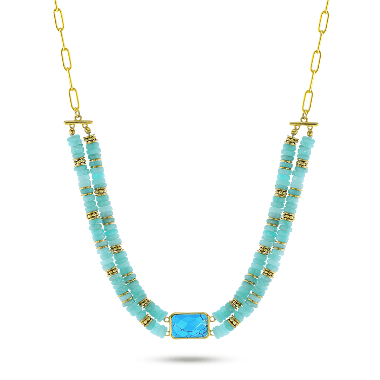 Collier perles doré Or jaune 18k assemblé d'amazonite et turquoise - Maison Di Giorgio