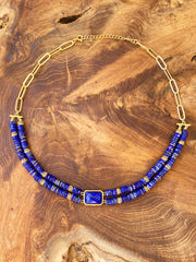 Collier perles doré Or jaune 18k assemblé de lapis - lazuli - Maison Di Giorgio