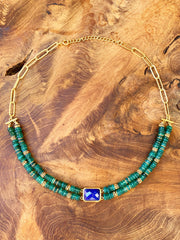 Collier perles doré Or jaune 18k assemblé d'onyx vert et lapis - lazuli - Maison Di Giorgio