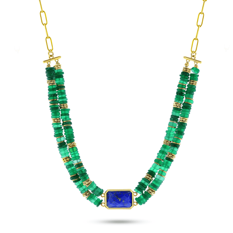 Collier perles doré Or jaune 18k assemblé d'onyx vert et lapis - lazuli - Maison Di Giorgio