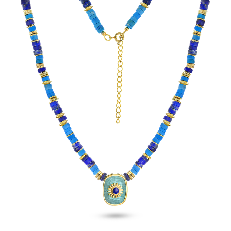Collier perles doré Or jaune 18k, Lapis-lazuli, Amazonite - Maison Di Giorgio