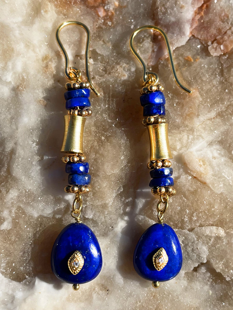 Boucles d'oreilles dorées Or jaune 18k assemblées de Lapis - lazuli et Oxyde de zirconium - Maison Di Giorgio