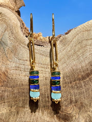 Boucles d'oreilles dorées Or jaune 18k assemblées d'Onyx vert, Amazonite et Lapis - lazuli - Maison Di Giorgio