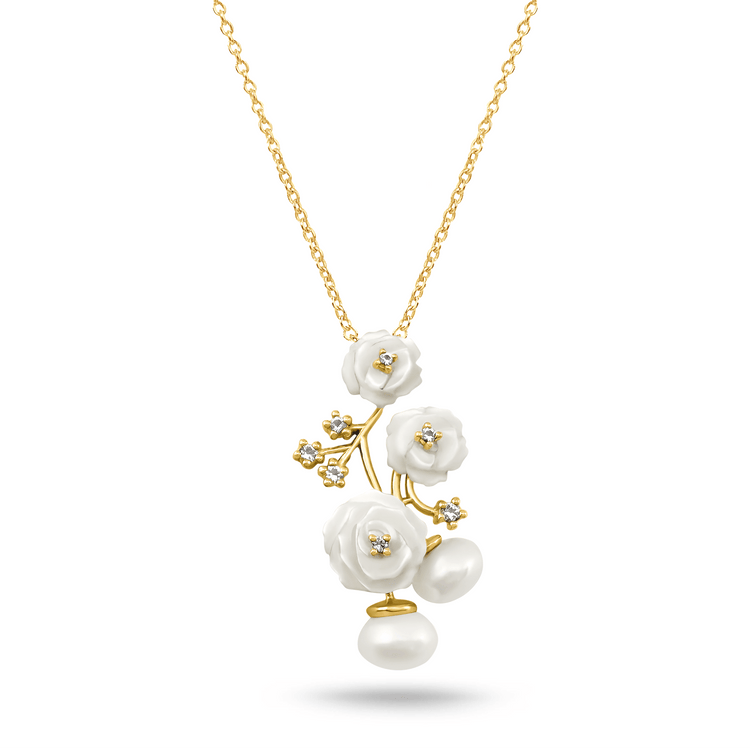 Pendentif en Or jaune 9k assemblé de Perle, de Topaze blanche et de Nacre - Maison Di Giorgio