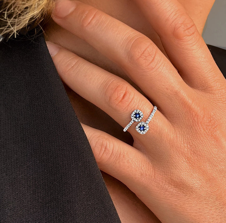 Bague en Or blanc 9k assemblée de Topaze blanche et Saphir bleu - Maison Di Giorgio