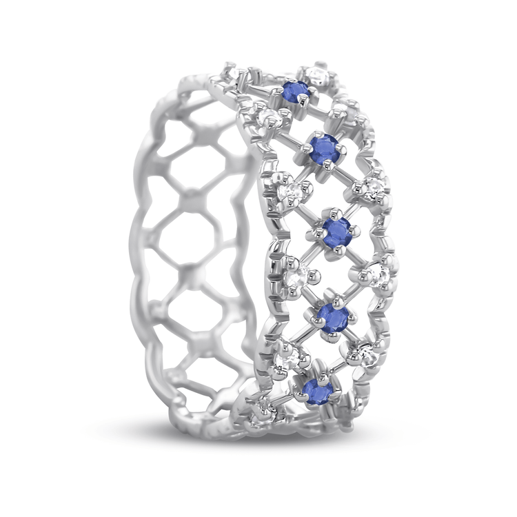 Bague en Or blanc 9k assemblée de Topaze blanche et Saphir bleu - Maison Di Giorgio