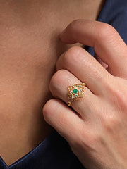 Bague en Or jaune 9k assemblée de Topaze blanche et Émeraude - Maison Di Giorgio