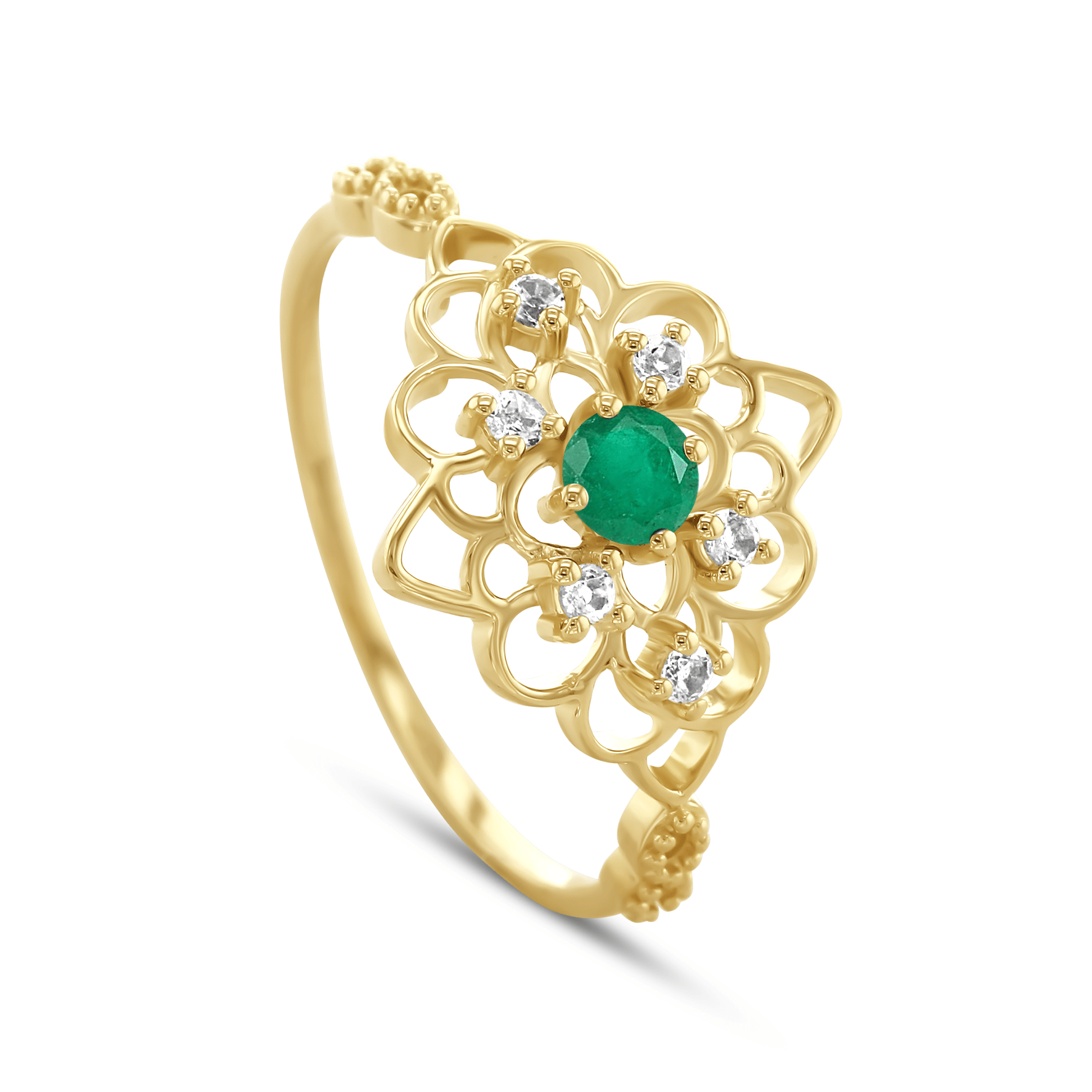 Bague en Or jaune 9k assemblée de Topaze blanche et Émeraude - Maison Di Giorgio
