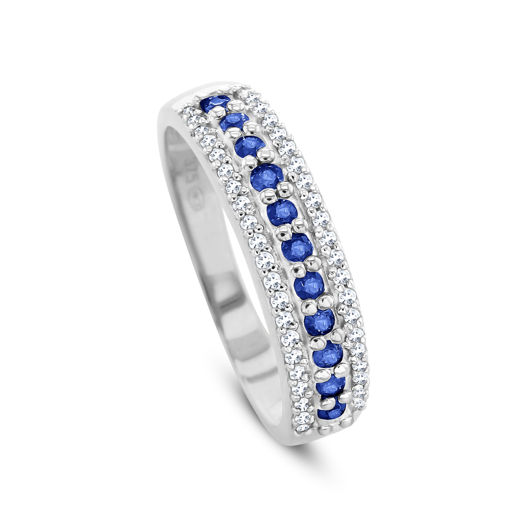 Bague en Or blanc 9k assemblée de Diamant HSI et Saphir bleu - Maison Di Giorgio