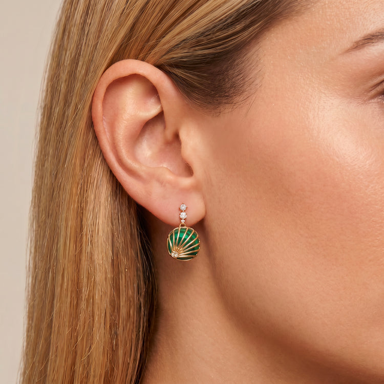 Boucles d'oreilles Shell - Dorées Or jaune 18k, Malachite & Oxyde de zirconium - Maison Di Giorgio