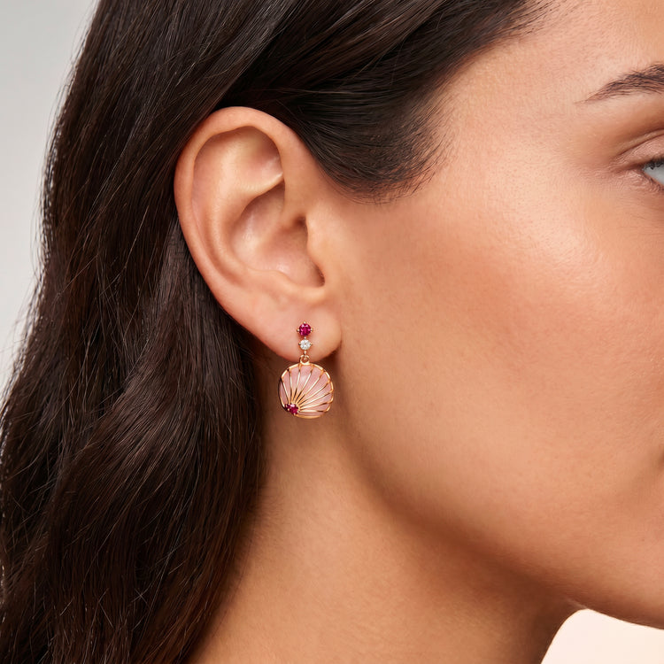 Boucles d'oreilles Shell - Dorées Or jaune 18k, Calcédoine rose & Oxyde de zirconium - Maison Di Giorgio