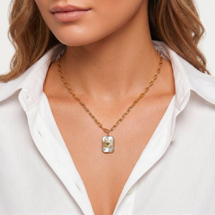 Pendentif avec chaîne Occhio - Doré Or jaune 18k, Pierre de lune grise & Oxyde de zirconium - Maison Di Giorgio