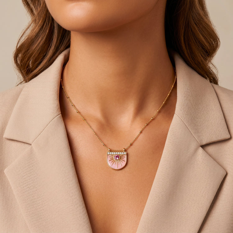 Collier Sole - Doré Or jaune 18k, Calcédoine rose & Oxyde de zirconium - Maison Di Giorgio