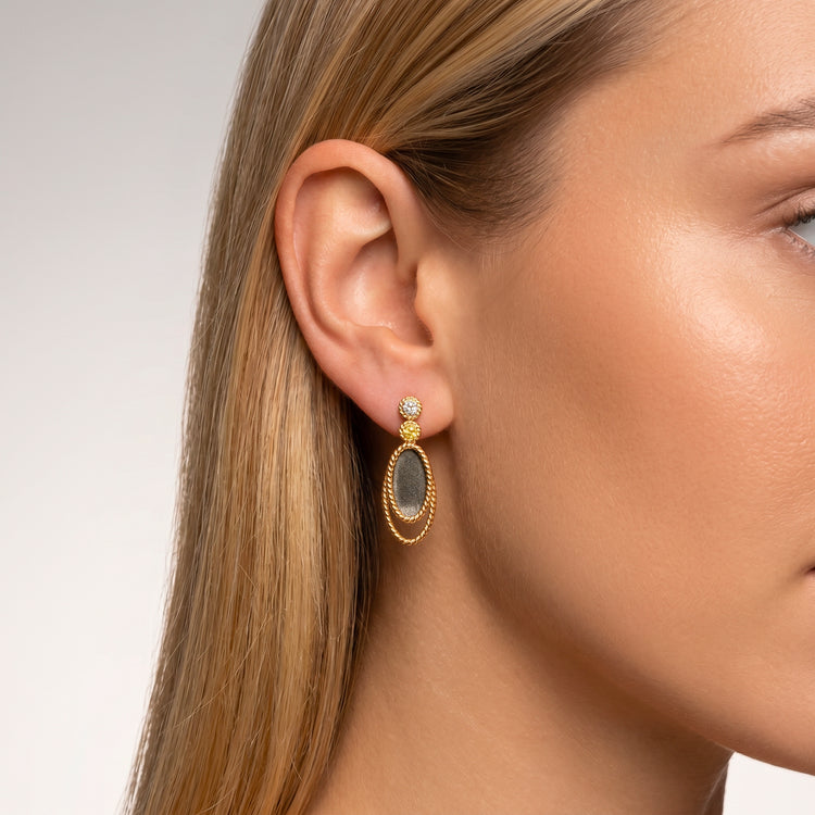 Boucles d'oreilles Drop - Dorées Or jaune 18k, Obsidienne dorée & Oxyde de zirconium - Maison Di Giorgio