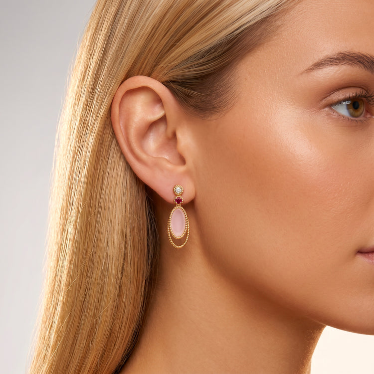 Boucles d'oreilles Drop - Dorées Or jaune 18k, Calcédoine rose & Oxyde de zirconium - Maison Di Giorgio