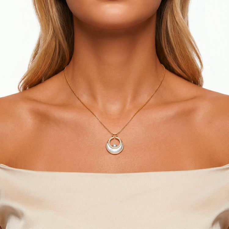 Collier Rising Sun - Doré Or jaune 18k, Pierre de lune blanche et grise & Oxyde de zirconium - Maison Di Giorgio