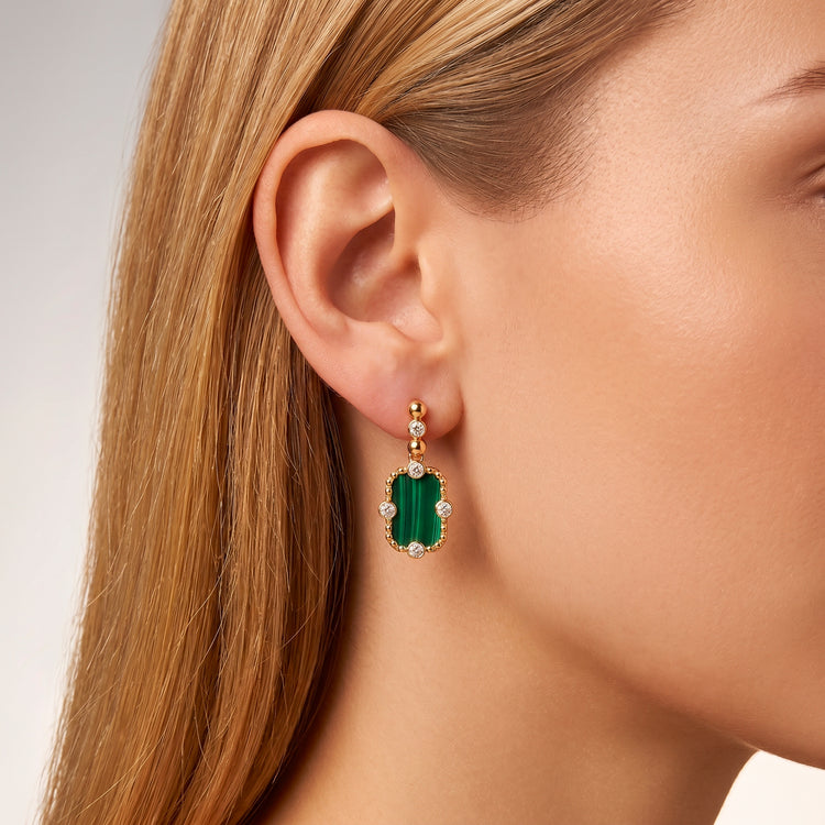 Boucles d'oreilles Art Déco - Dorées Or jaune 18k, Malachite & Oxyde de zirconium - Maison Di Giorgio