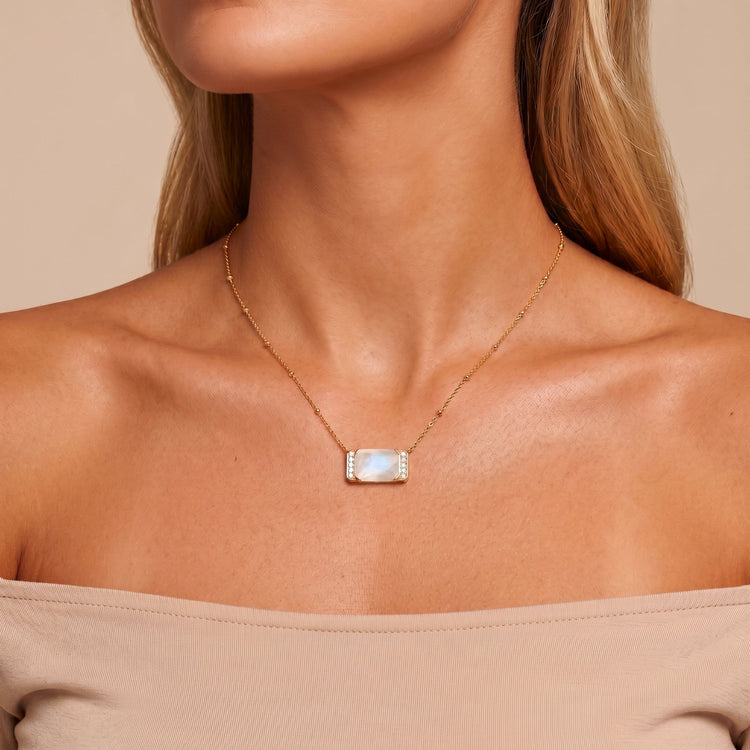 Collier Mona-Lisa - Doré Or jaune 18k, Pierre de lune blanche & Oxyde de zirconium - Maison Di Giorgio