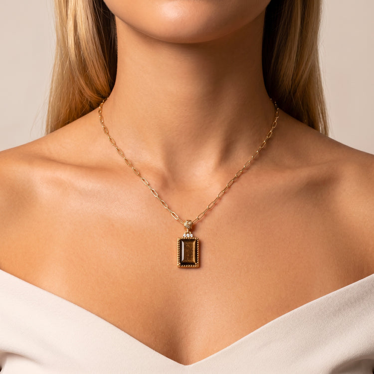 Pendentif avec chaîne Bauhaus - Doré Or jaune 18k, Obsidienne dorée & Oxyde de zirconium - Maison Di Giorgio