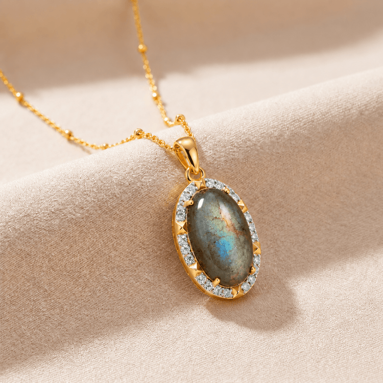 Pendentif avec chaine Quiétude - Doré Or jaune 18k, Labradorite et Oxyde de zirconium - Maison Di Giorgio