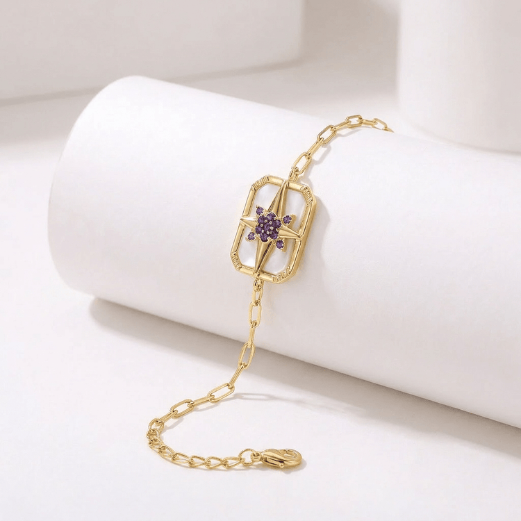 Bracelet Venti - Doré Or jaune 18k, Pierre de lune blanche & Améthyste africaine - Maison Di Giorgio