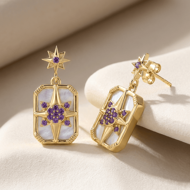 Boucles d'oreilles Venti - Dorées Or jaune 18k, Pierre de lune blanche & Améthyste africaine - Maison Di Giorgio