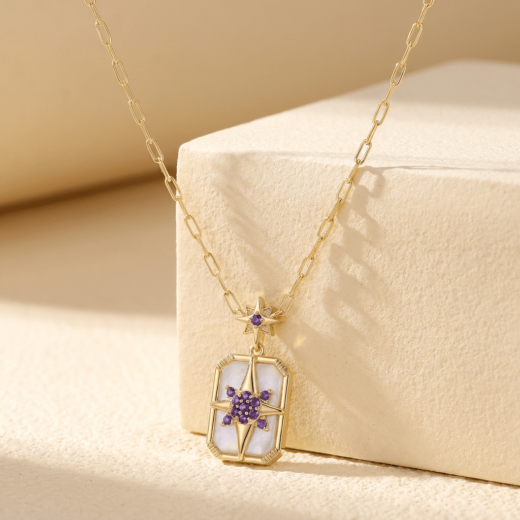 Collier Venti - Doré Or jaune 18k, Pierre de lune blanche & Améthyste africaine - Maison Di Giorgio